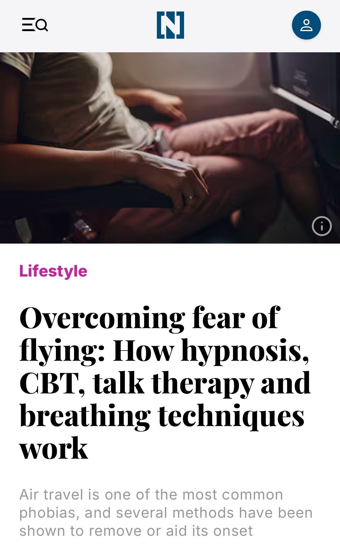 Screenshot of The National's feature article "Overcoming fear of flying", showing a passenger sitting with clasped hands in an aeroplane seat.
