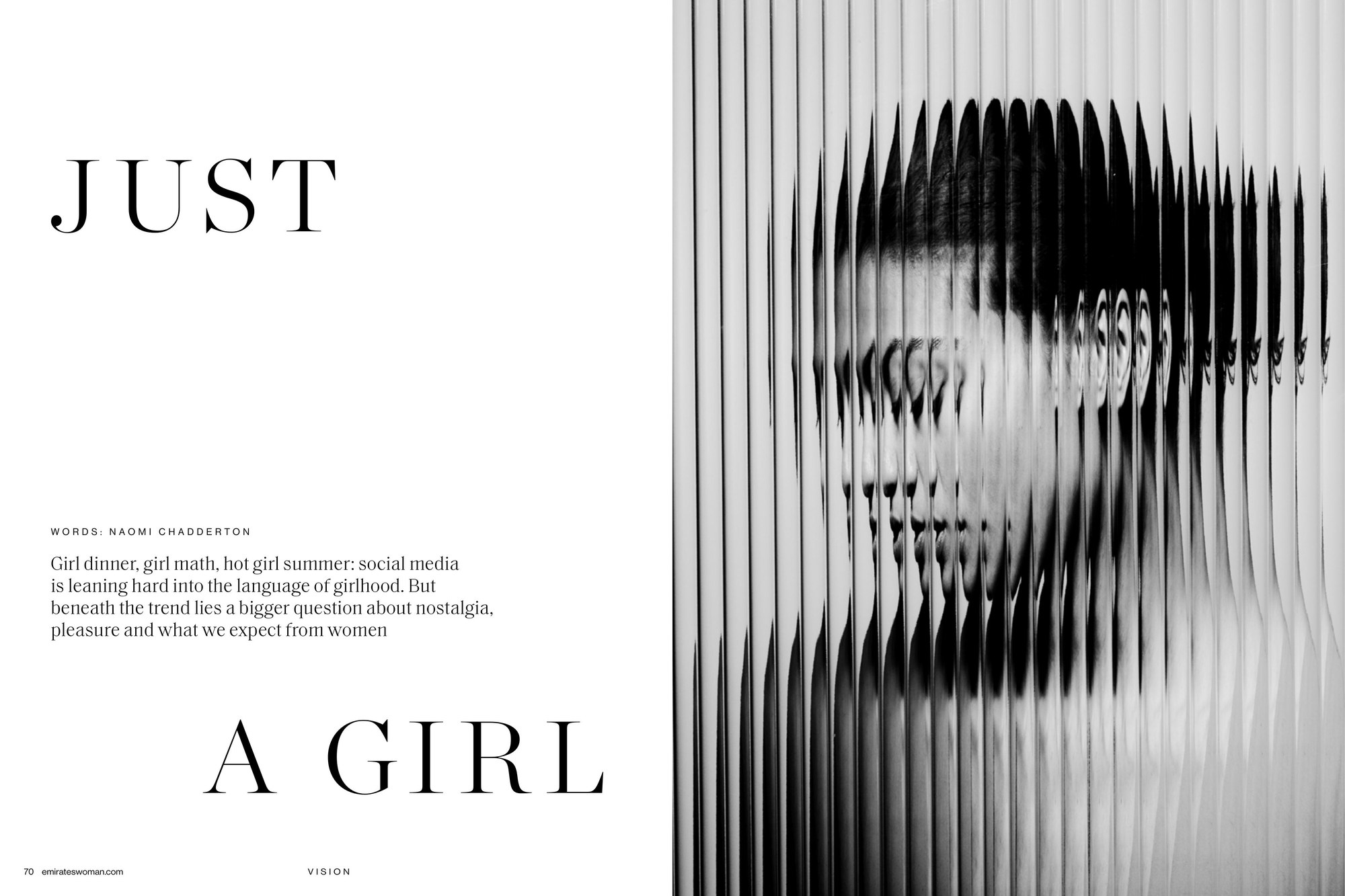 Opening spread of the Emirates Woman "Just A Girl" feature on the girlhood trend, with clinical psychologist Christi Gadd quoted.