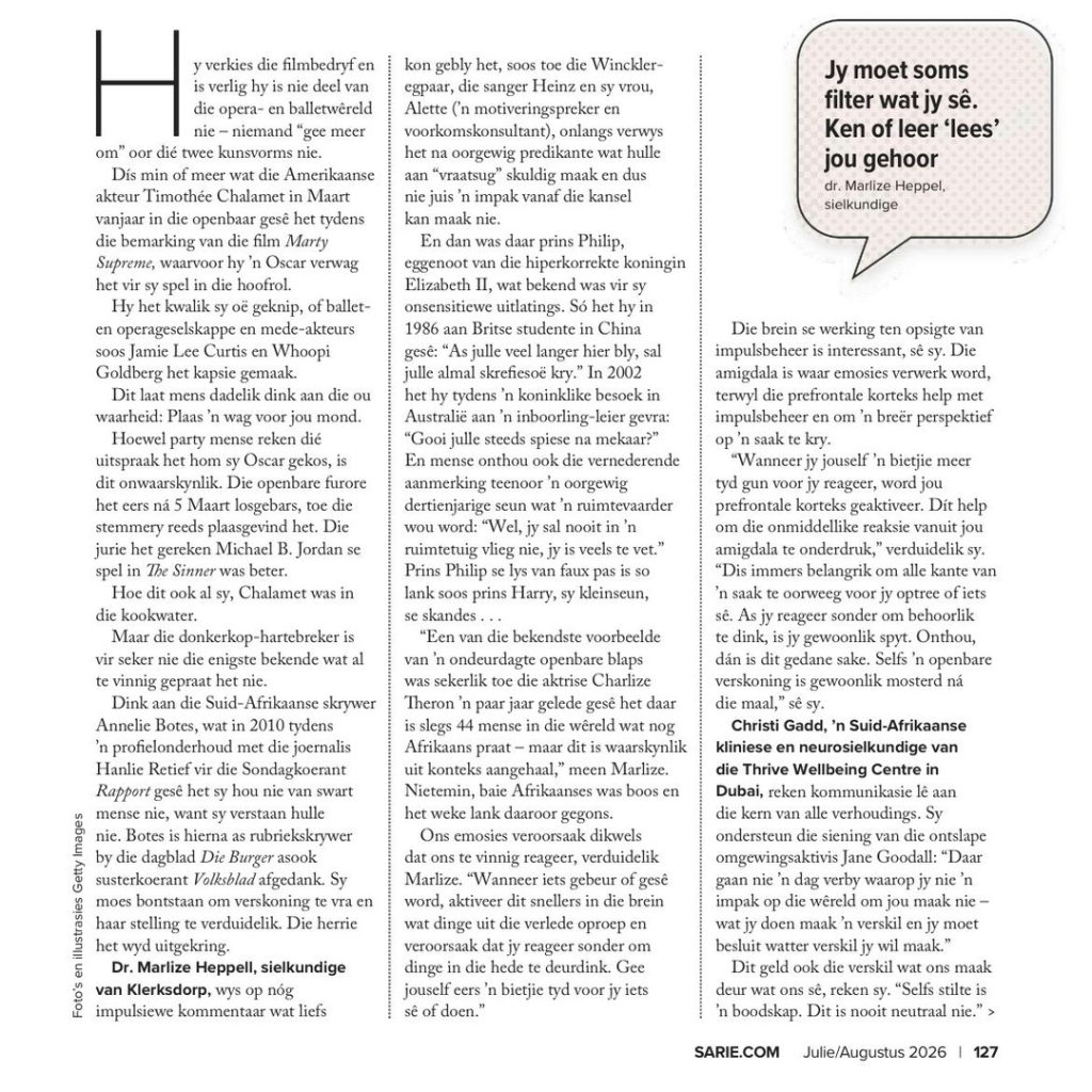 Bladsy uit Sarie se "Dink voor jy praat"-artikel met Christi Gadd se kommentaar — vierkantige uitsnit.
